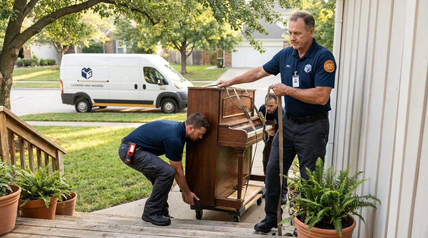 Licensed piano movers securing grand piano in Townsend, DE