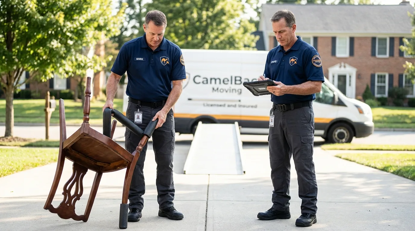 Movers inspecting furniture for damage prevention before loading in Townsend, DE