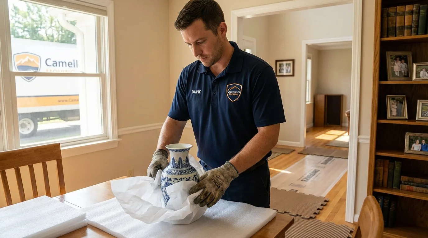 Professional crew carefully wrapping antique vase for senior downsizing move in Townsend, DE